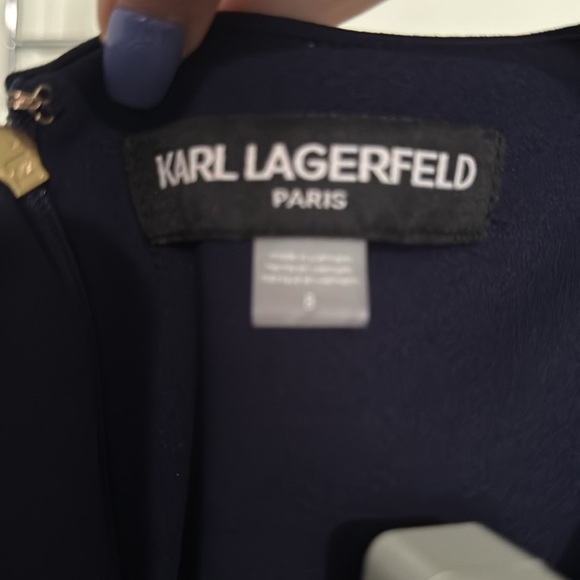 Karl Lagerfeld Paris Women's Navy Blue Tulip Sleeve Crepe Dress - Picture 3 of 8